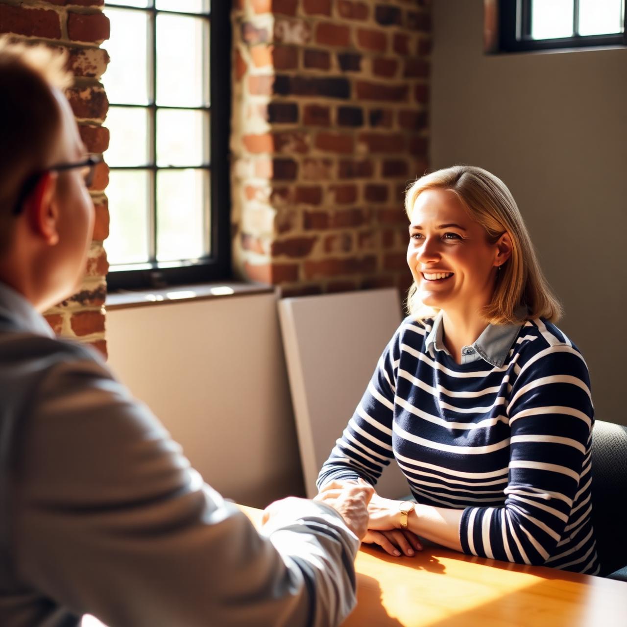 A relaxed coaching conversation in a sunlit room